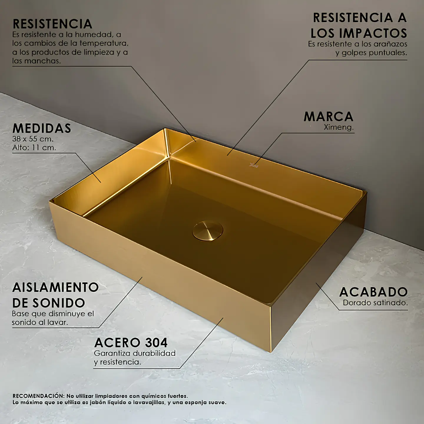 lavamanos Rectangular de Acero Inoxidable Dorado 3