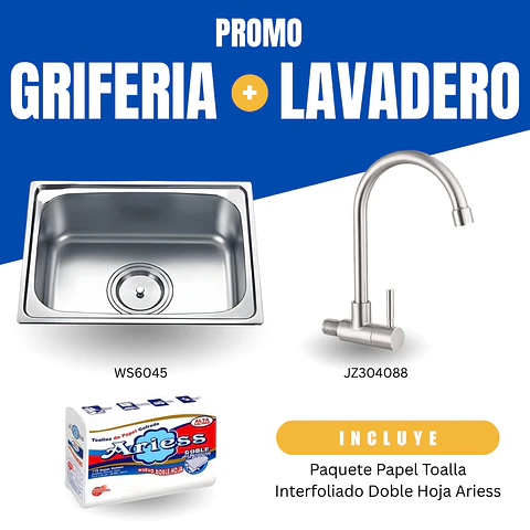 Combo Lavadero de Acero Inoxidable + Grifería de Cocina + Papel Toalla Ariess