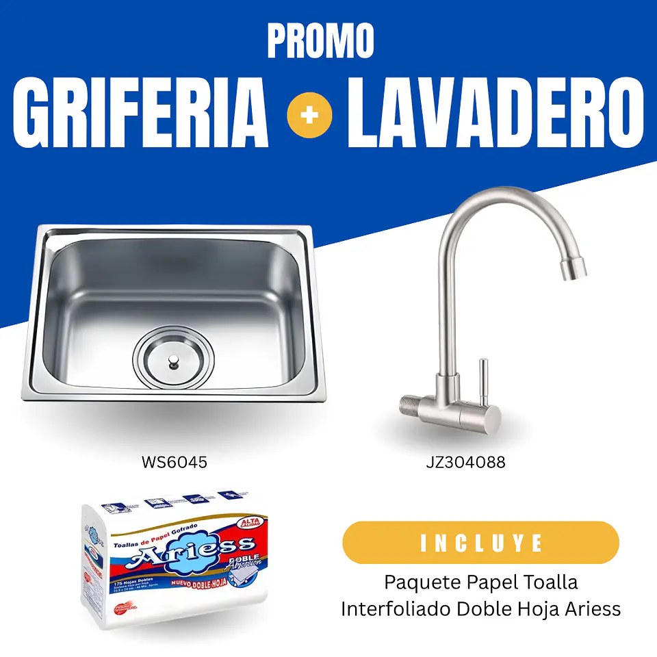 Combo Lavadero de Acero Inoxidable + Grifería de Cocina + Papel Toalla Ariess 1