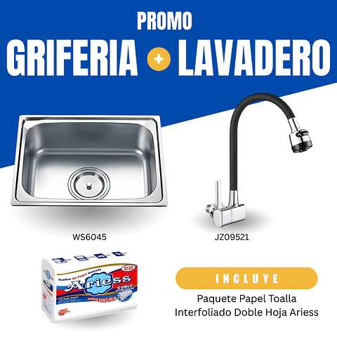 Combo Lavadero + Grifería Flexible Negra + Papel Toalla Ariess