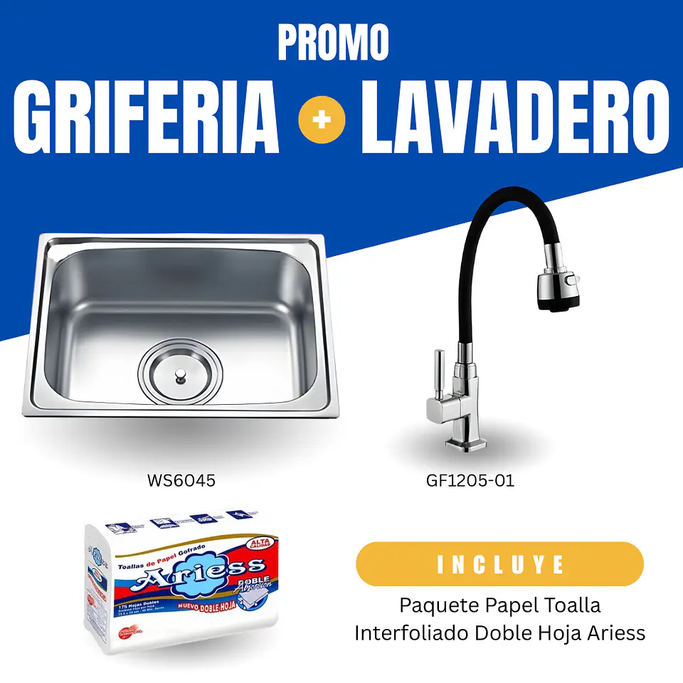 Combo Lavadero de Acero Inoxidable + Grifería Flexible + Papel Toalla Ariess 1