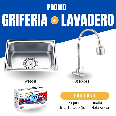 Combo Lavadero WS6045 + Grifería Flexible Cromada JZ304088 + Papel Toalla Ariess