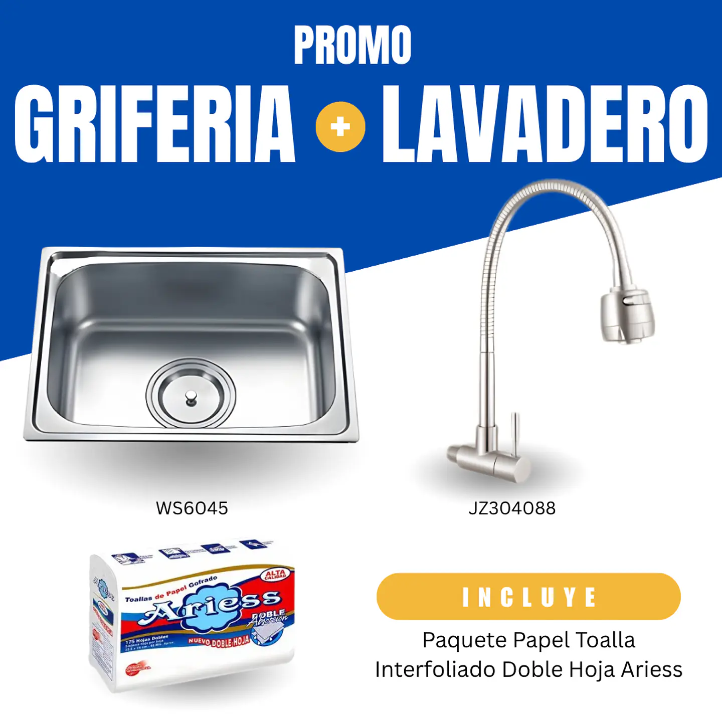 Combo Lavadero WS6045 + Grifería Flexible Cromada JZ304088 + Papel Toalla Ariess 1