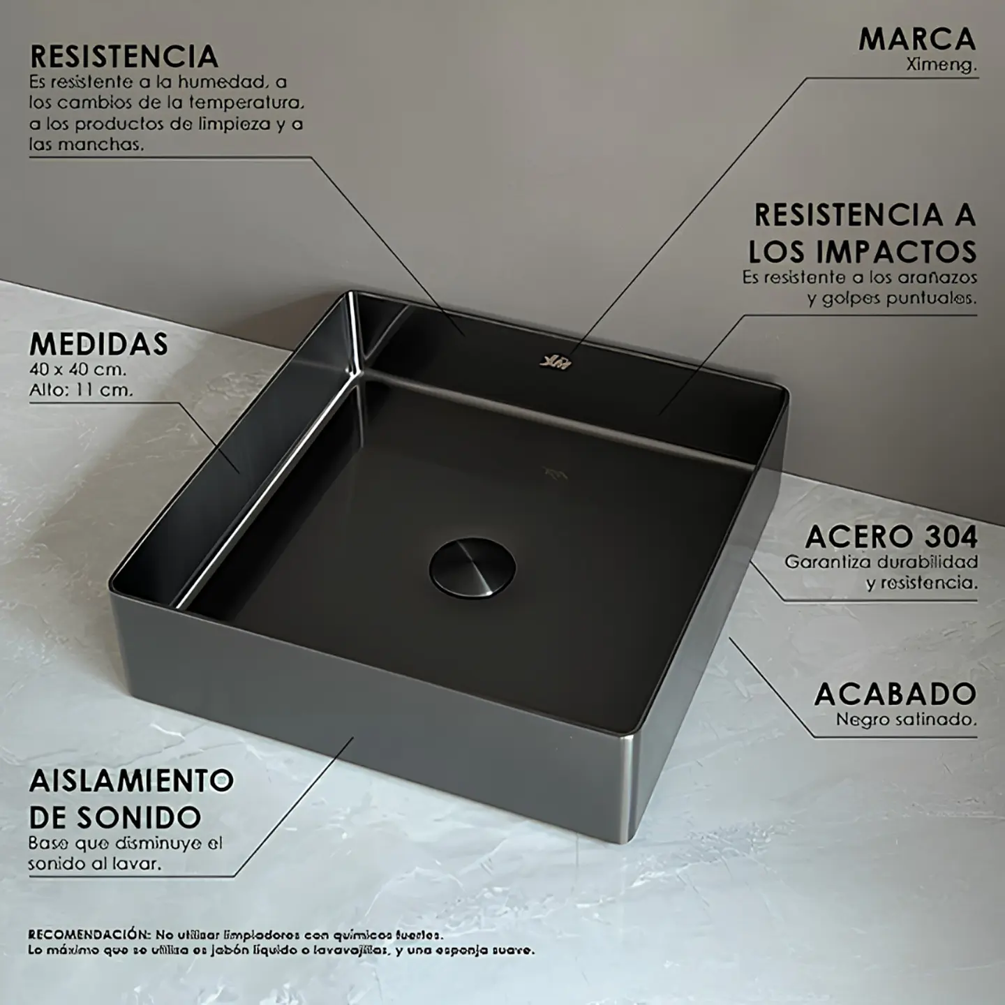 lavamanos Cuadrado de Acero Inoxidable Negro 3