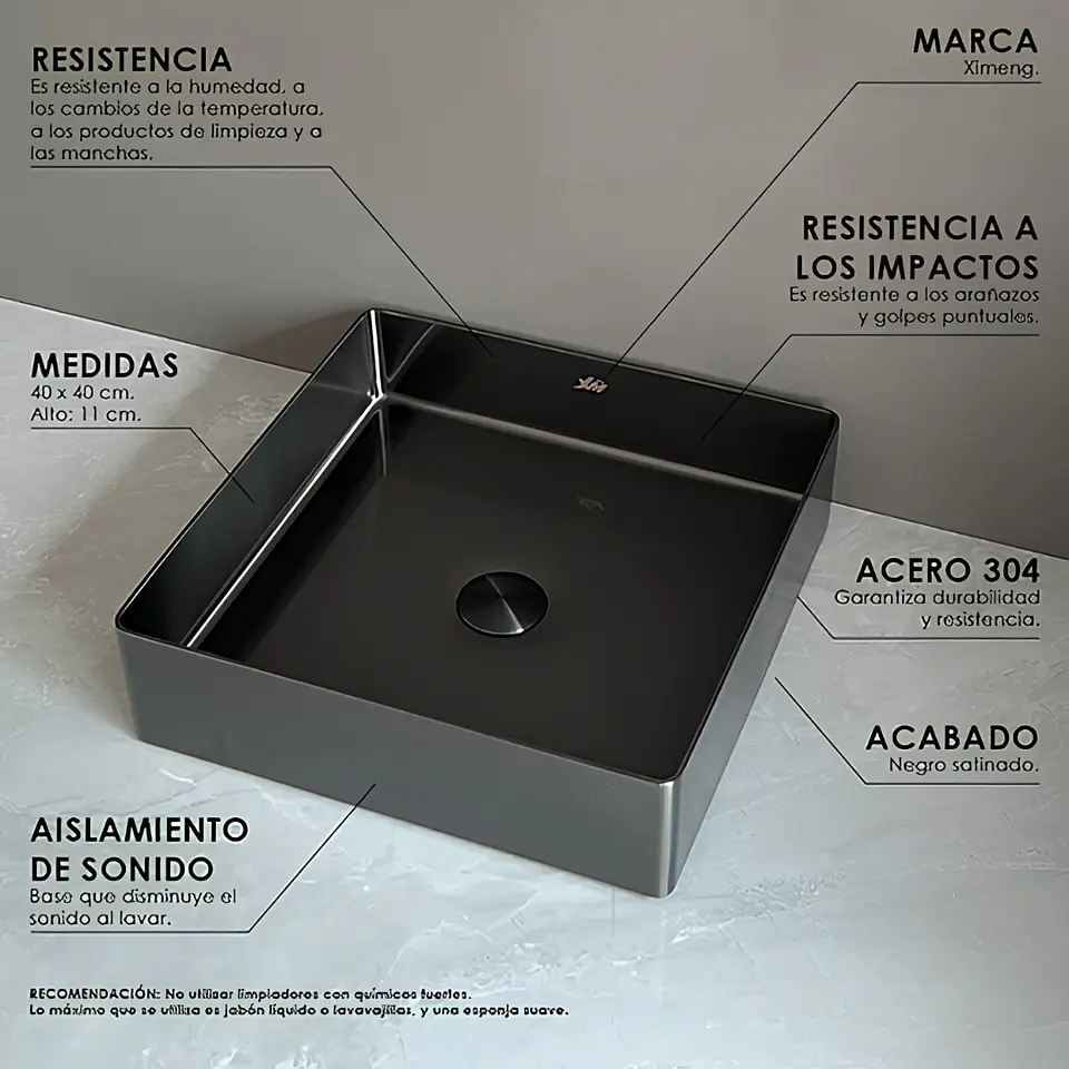 lavamanos Cuadrado de Acero Inoxidable Negro 3