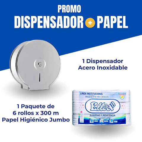 Combo Dispensador Acero Inoxidable + 6 Rollos Ellia 300 m