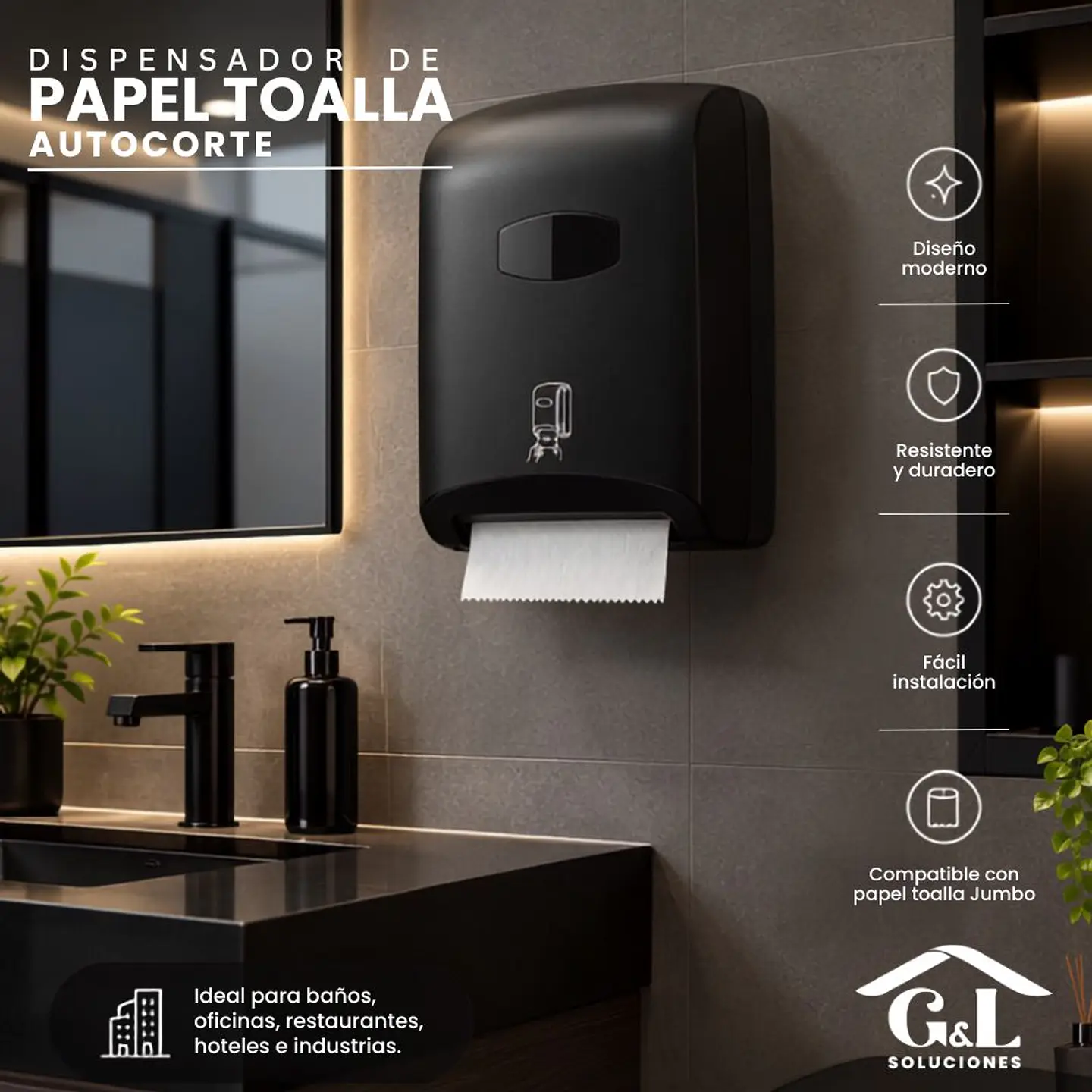 Dispensador  Autocorte Negro para Papel Toalla Jumbo  + 2 Papel Toalla 200 mts 2