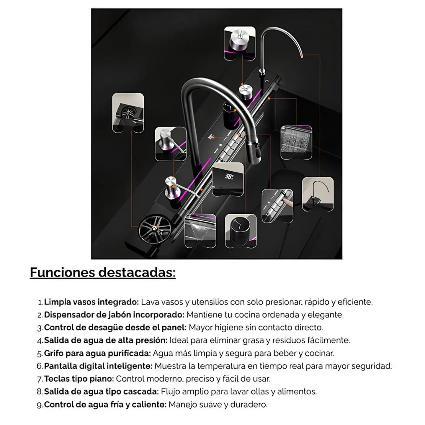 Lavadero Multifuncional de Lujo Nano Negro 7 Teclas con Accesorios Premium 7