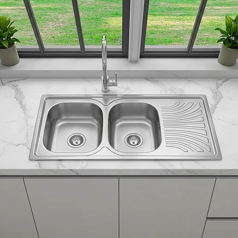 Lavaplatos de Cocina Premium Acero Inoxidable Doble Poza con Escurridor Lateral