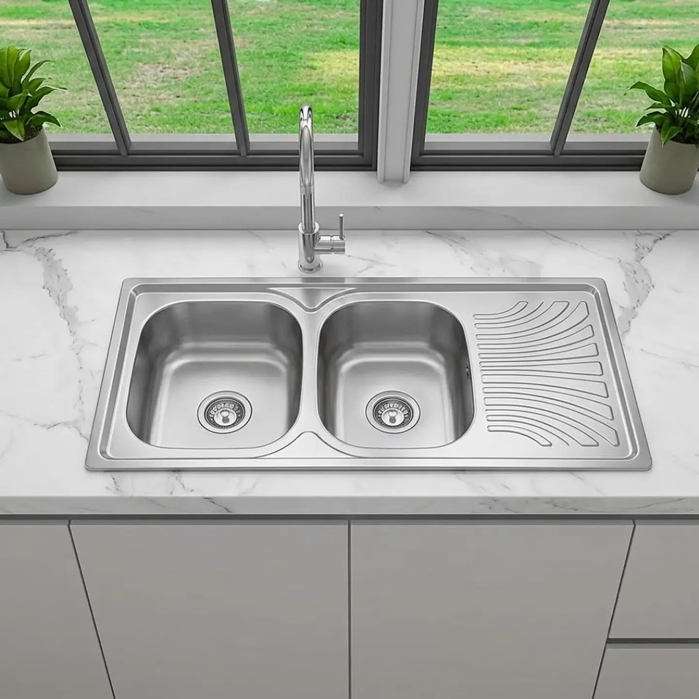 Lavaplatos de Cocina Premium Acero Inoxidable Doble Poza con Escurridor Lateral 2