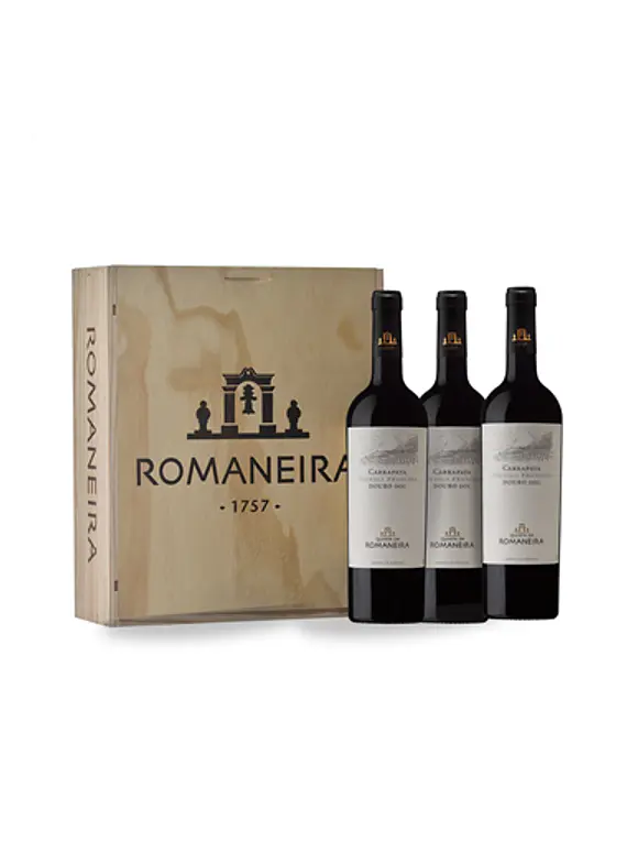 Qta. Romaneira Tinto Touriga Francesa Carrapata caixa madeira 3 Garrafas