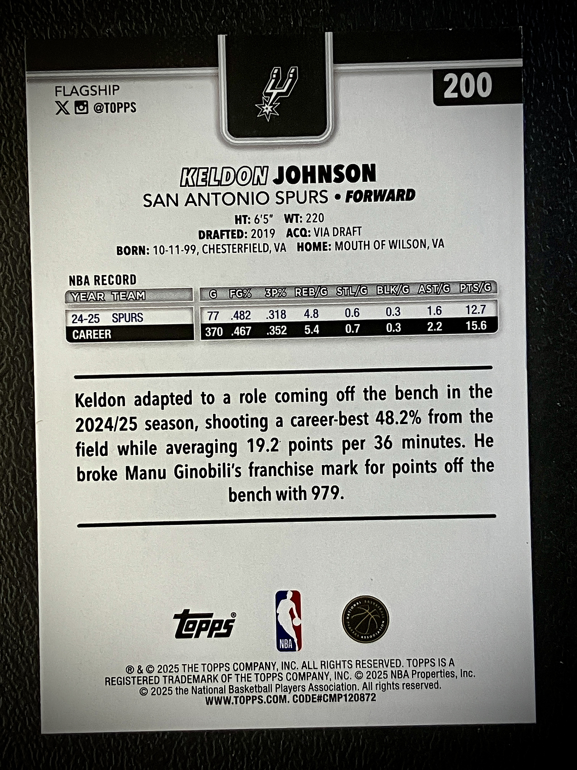 Keldon Johnson base card 2