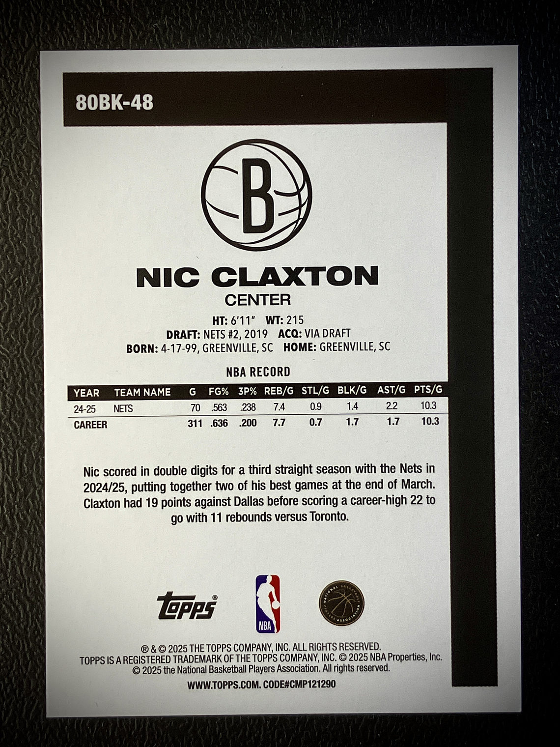 Nic Claxton insert card 2