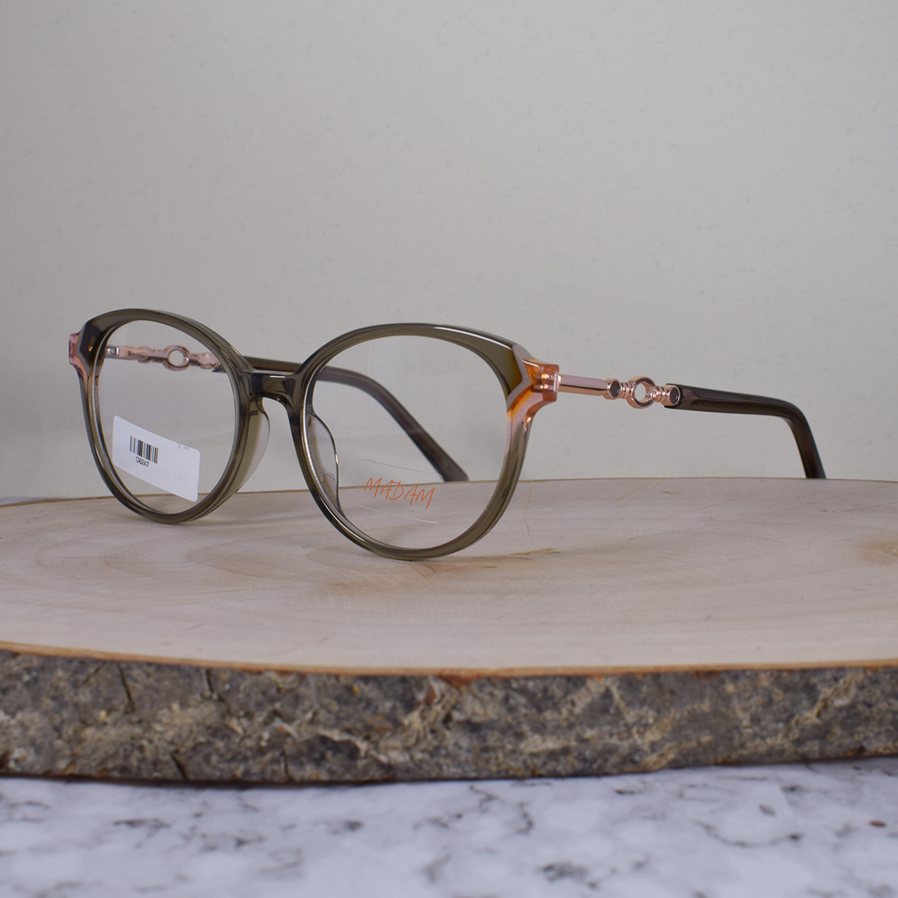 Madam G6247 C4 Acetato Ovalada Translúcida Café Rosa Flex Brazo Ornamentado Metálico Terminal Café