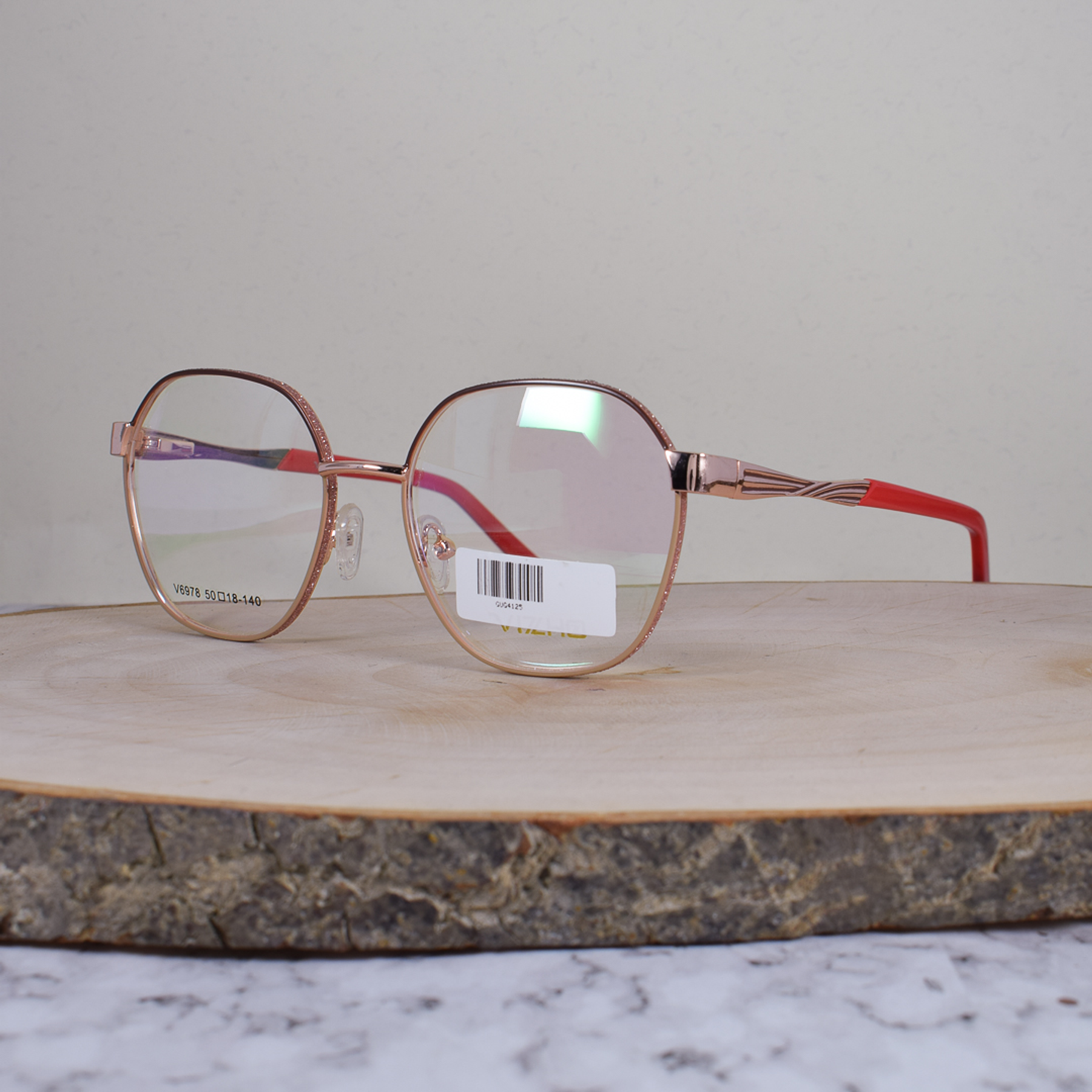 Vizho V6978 Metálica Redonda Café Beige Aro Escarchado Rosa Flex Brazo Ornamentado Metálico Terminal Carmesí