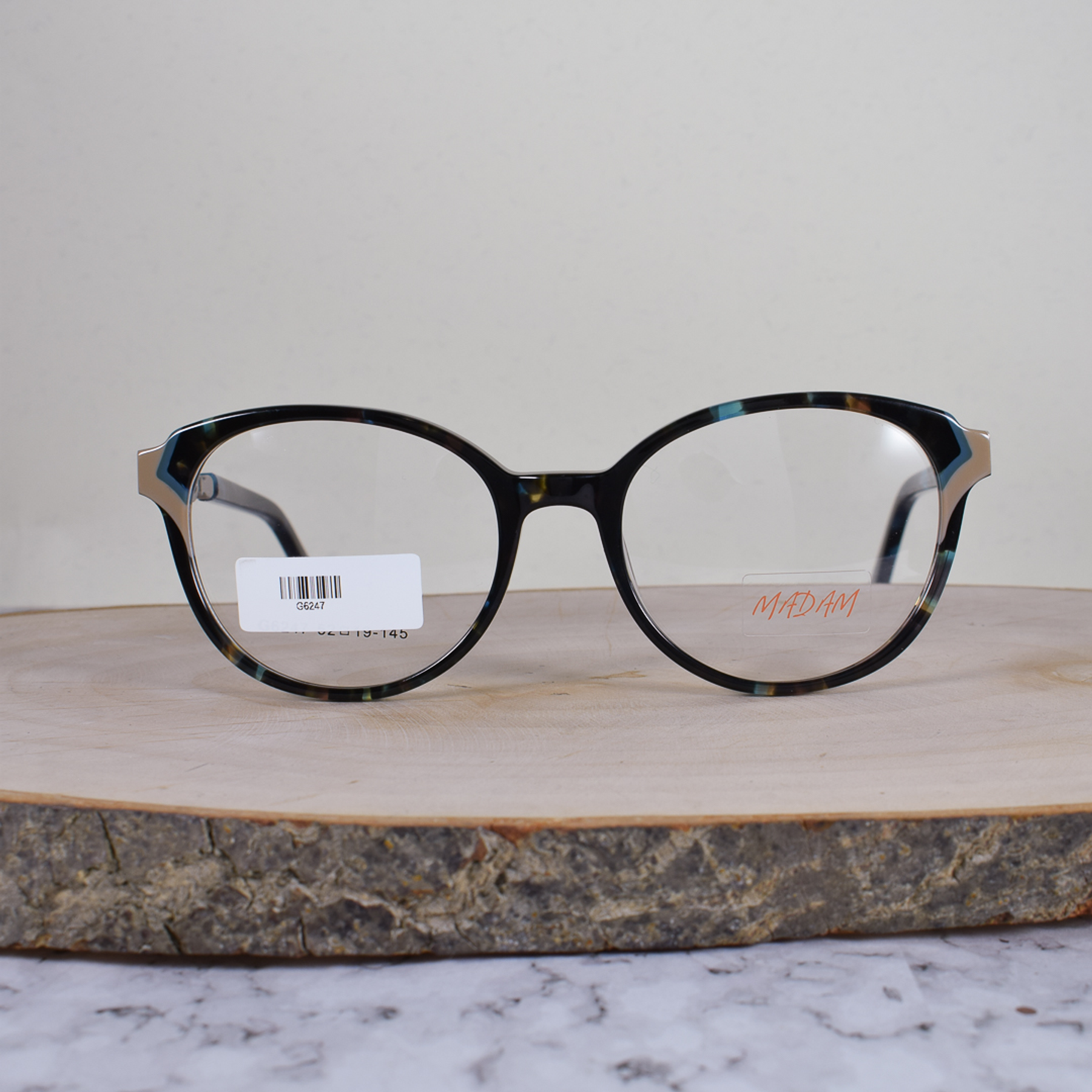 Madam G6247 C7 Acetato Ovalada Semi Agatada Carey Azul Café Flex Brazo Metálico Ornamentado Terminal Acetato