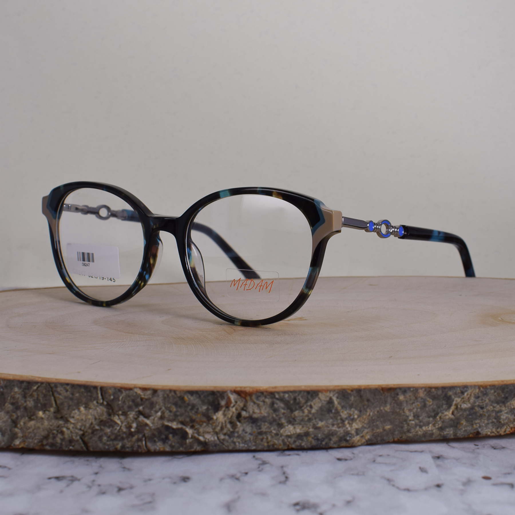 Madam G6247 C7 Acetato Ovalada Semi Agatada Carey Azul Café Flex Brazo Metálico Ornamentado Terminal Acetato