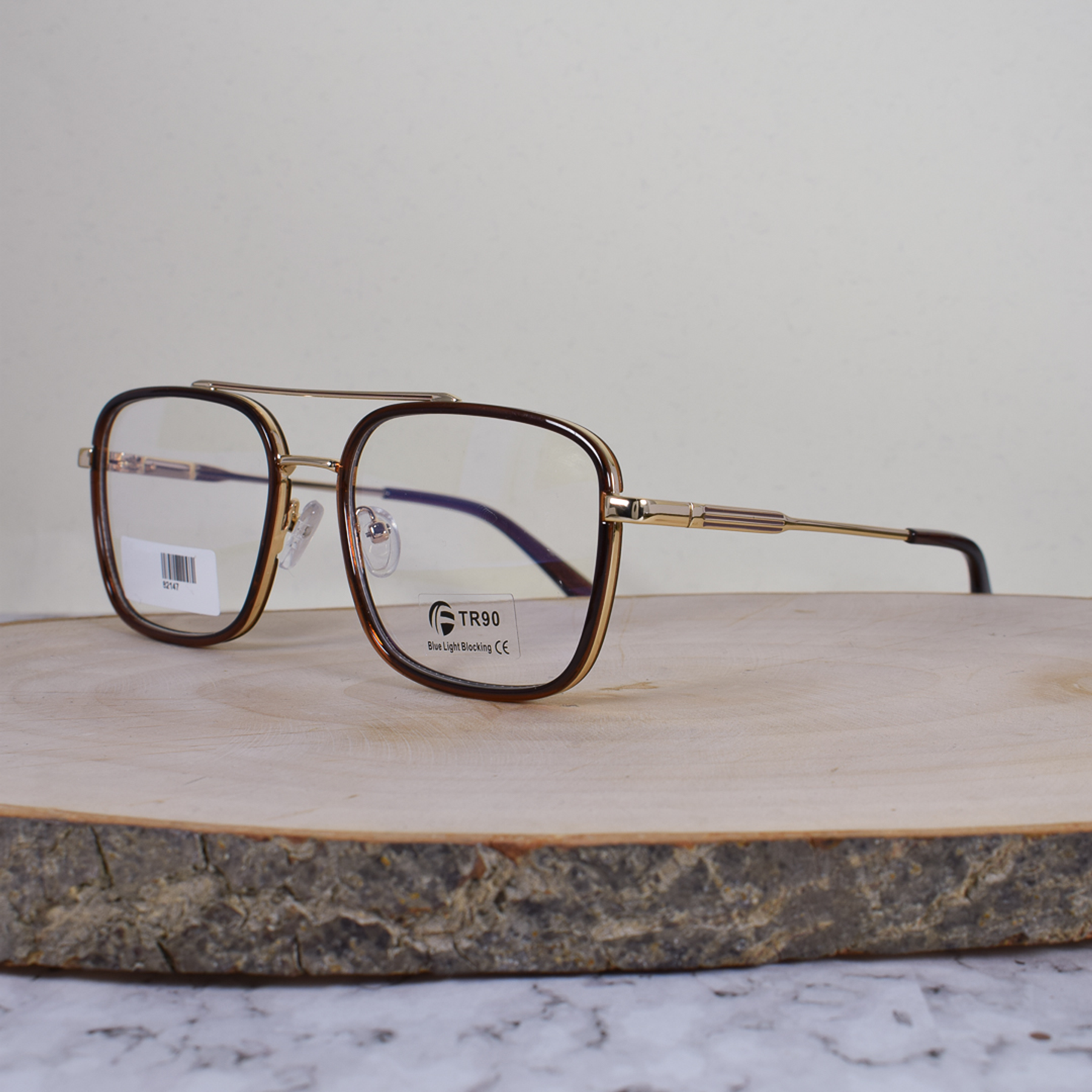 ZEN 82147 C6 Metálica Acetato Cuadrada Doble Puente Dorada Café Flex Brazo Metálico Terminal Acetato Café Semi Translúcido