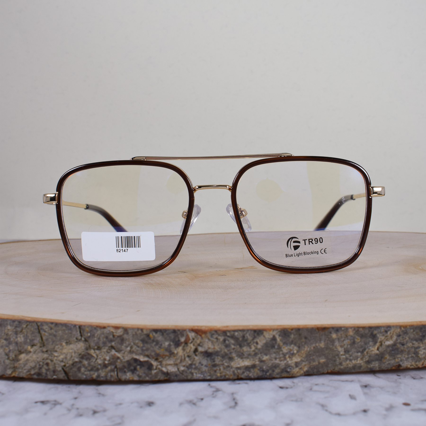 ZEN 82147 C6 Metálica Acetato Cuadrada Doble Puente Dorada Café Flex Brazo Metálico Terminal Acetato Café Semi Translúcido