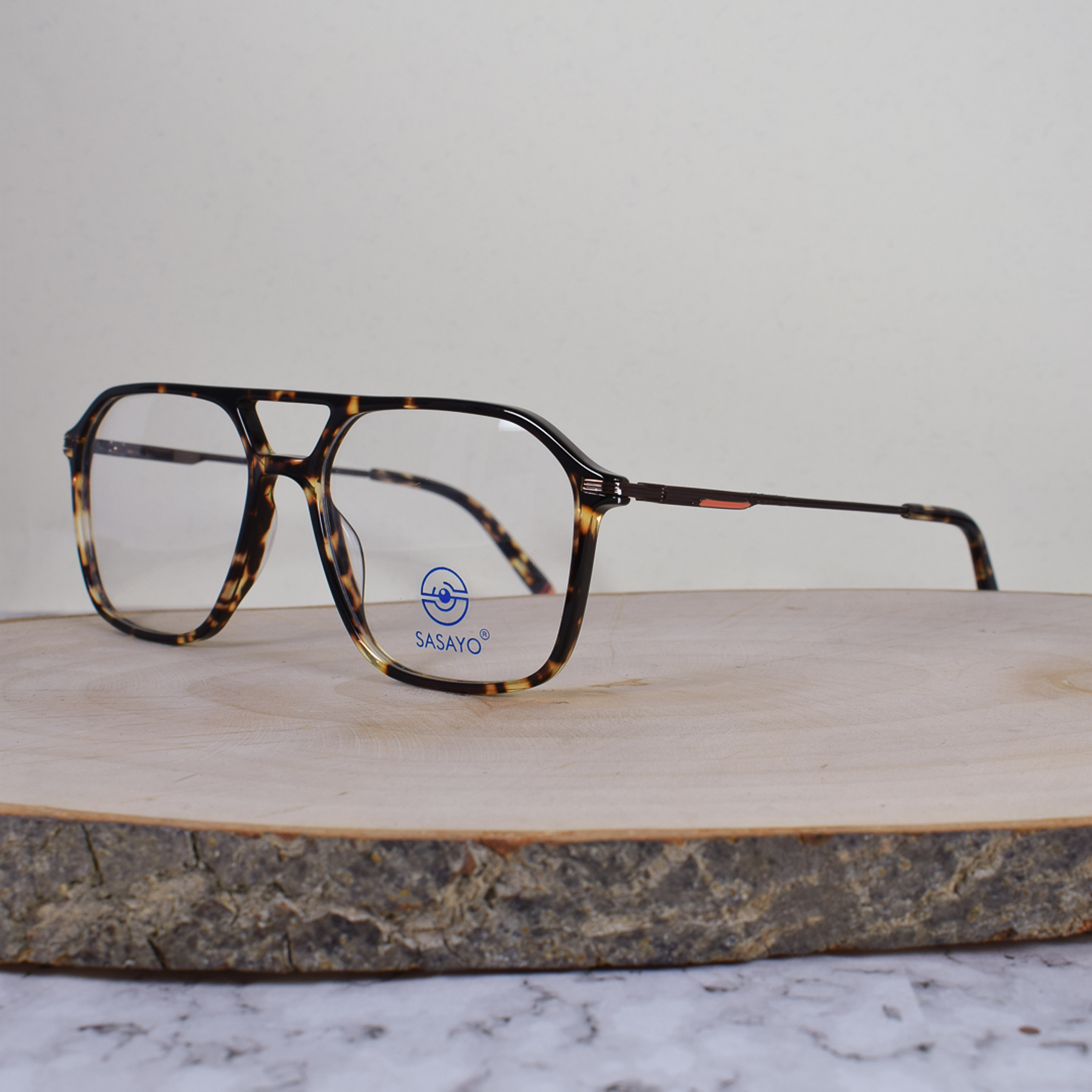 ZEN B2225 C7 Acetato Cuadrada Aviador Doble Puente Carey Flex Brazo Metálico Café Terminal Carey Naranja