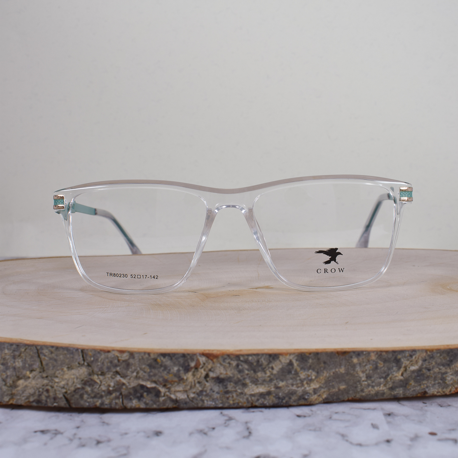 Crow TR80230 C9 Acetato Cuadrada Translúcida Flex Brazo Metálico Ornamentado Dorado Verde Agua Terminal Translúcida