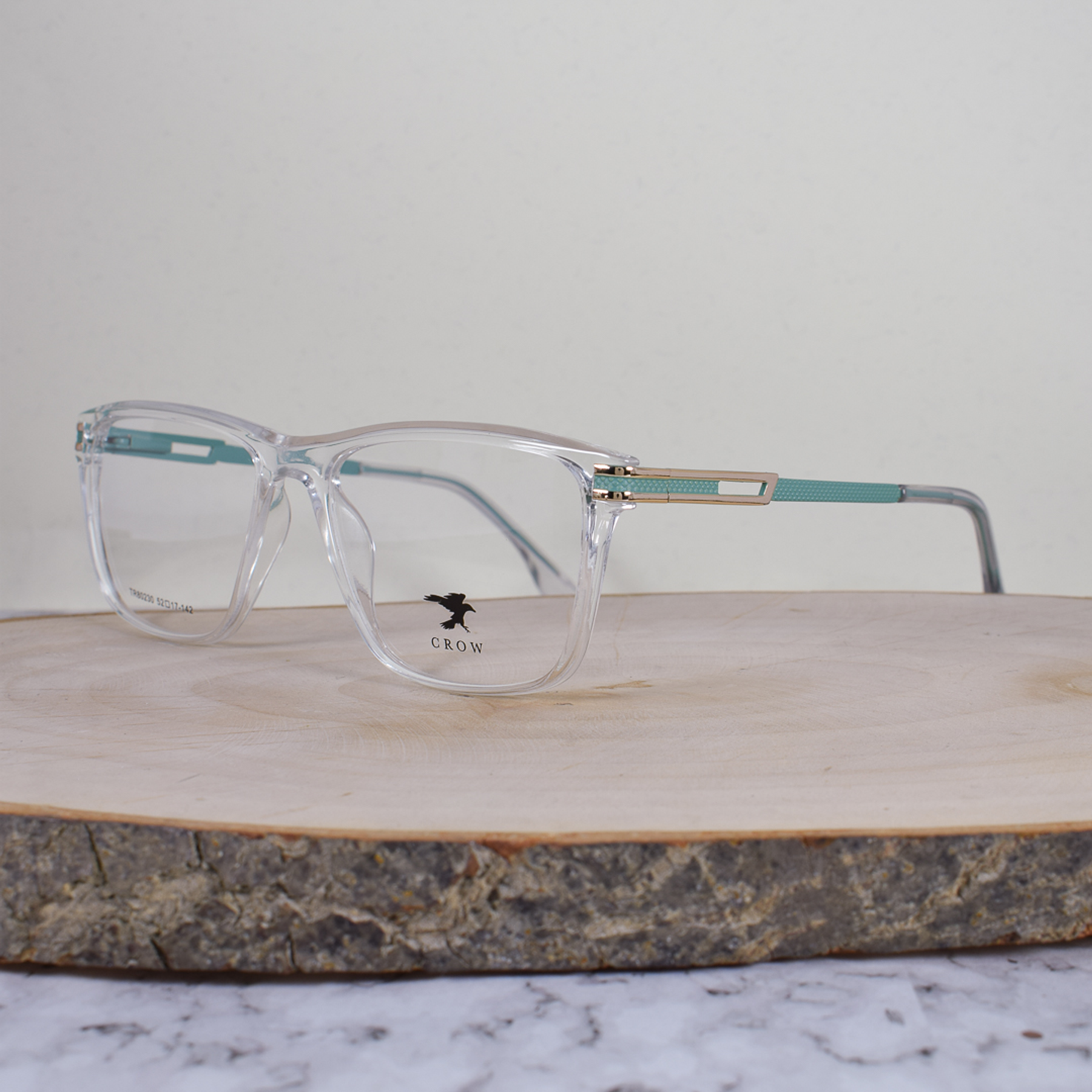 Crow TR80230 C9 Acetato Cuadrada Translúcida Flex Brazo Metálico Ornamentado Dorado Verde Agua Terminal Translúcida