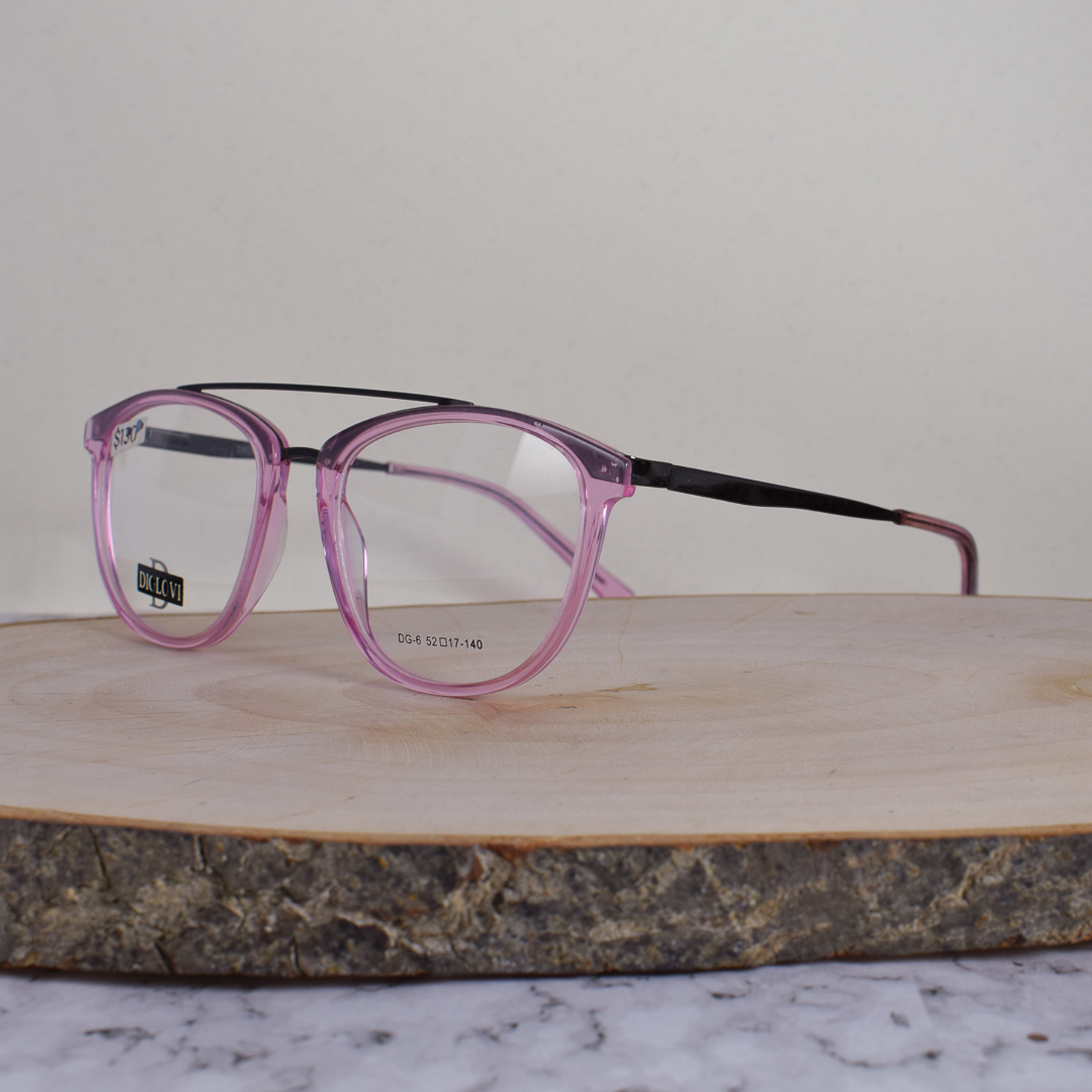 Diglovi DG6 C5 Acetato Cuadrada Semi Ovalada Rosa Translúcido Doble Puente Metálico Flex Brazo Metálico Negro Terminal Rosa Translúcido