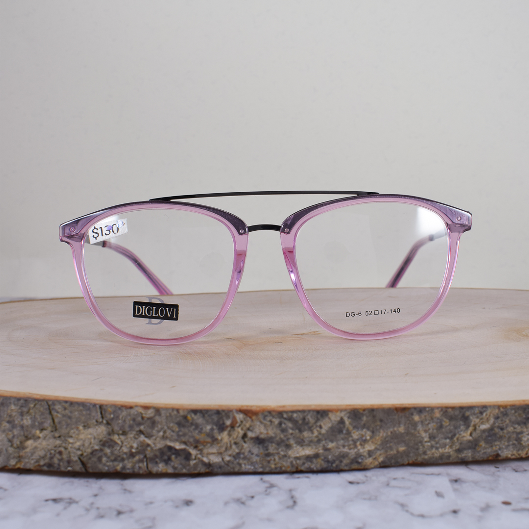 Diglovi DG6 C5 Acetato Cuadrada Semi Ovalada Rosa Translúcido Doble Puente Metálico Flex Brazo Metálico Negro Terminal Rosa Translúcido