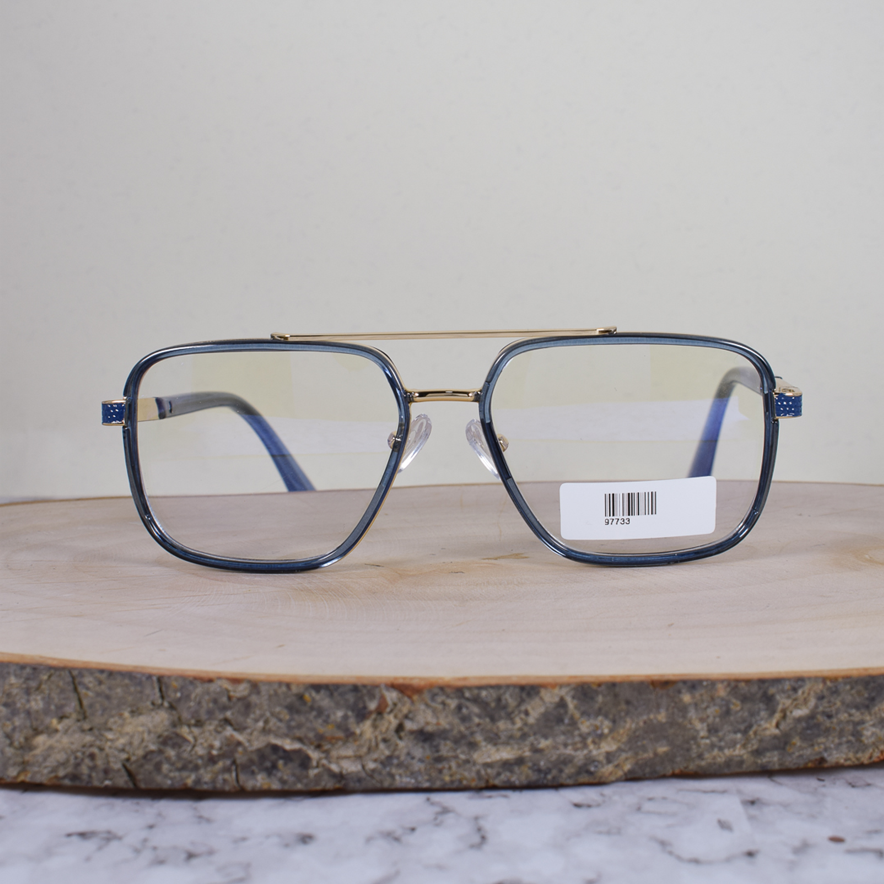 ZEN 97733 COL2 Metálica Acetato Cuadrada Aviador Azul Translúcido Doble Puente Metálico Dorado Flex Brazo Metálico Acetato Azul Terminal Azul Translúcido