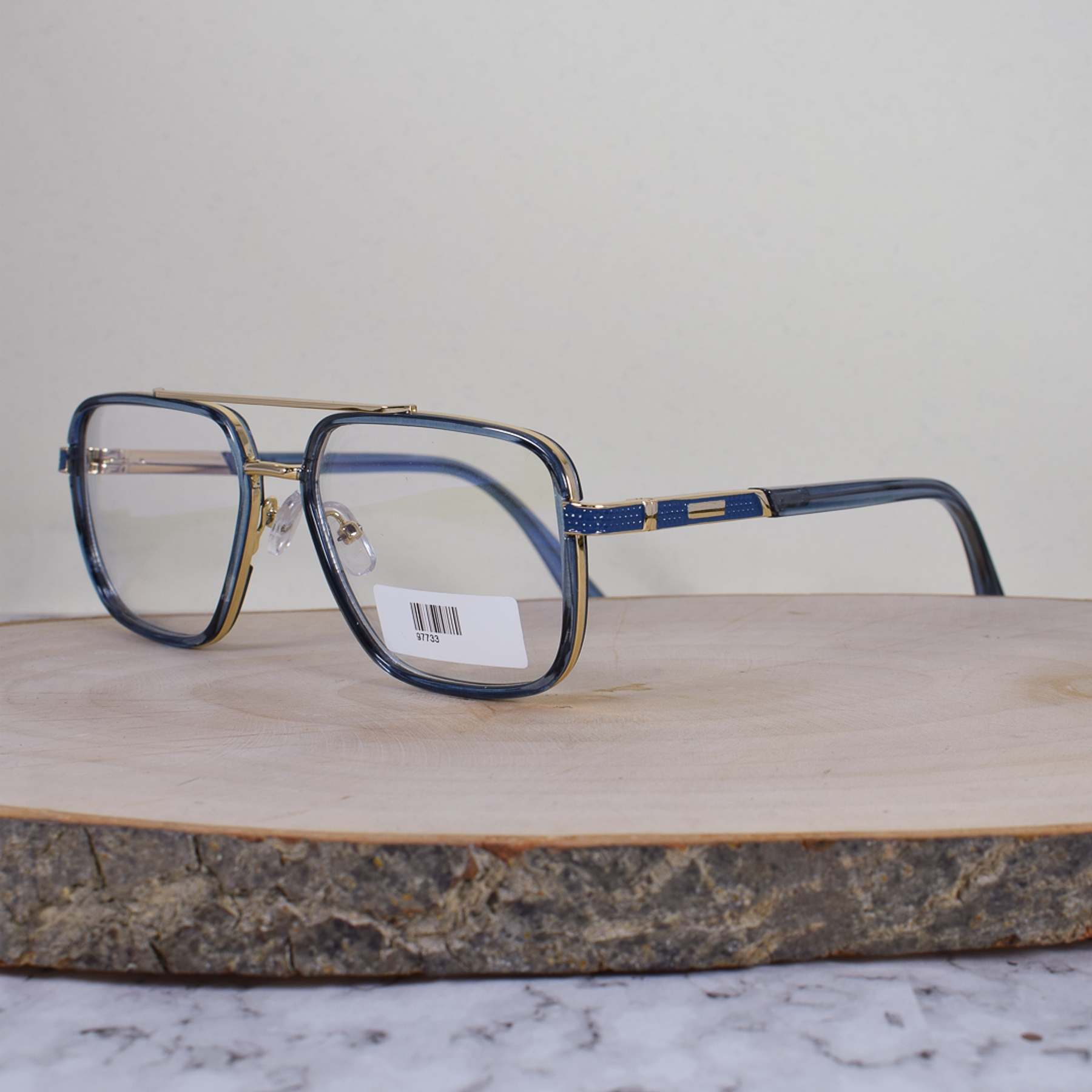 ZEN 97733 COL2 Metálica Acetato Cuadrada Aviador Azul Translúcido Doble Puente Metálico Dorado Flex Brazo Metálico Acetato Azul Terminal Azul Translúcido