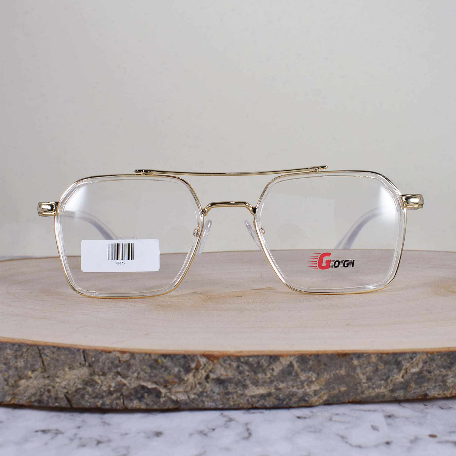 Gogi K0039 Metálica Acetato Cuadrada Translúcida Doble Puente Metálico Dorado Brazo Detallado Terminal Dorado