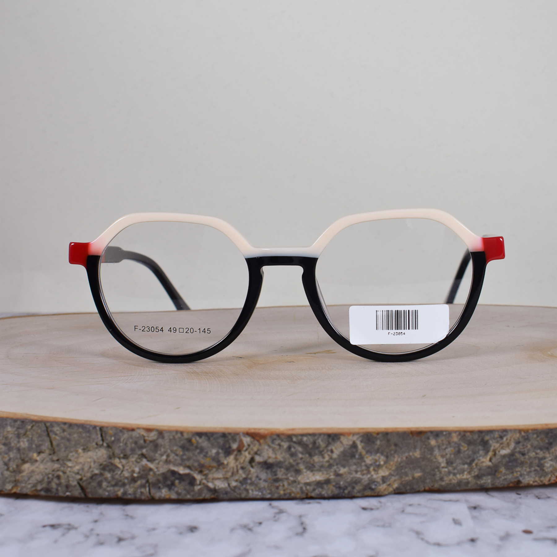 ZEN F23054 C1 Acetato Hexagonal SemiOvalada Beige Negro Rojo Flex Brazo Negro Rojo Terminal Negro