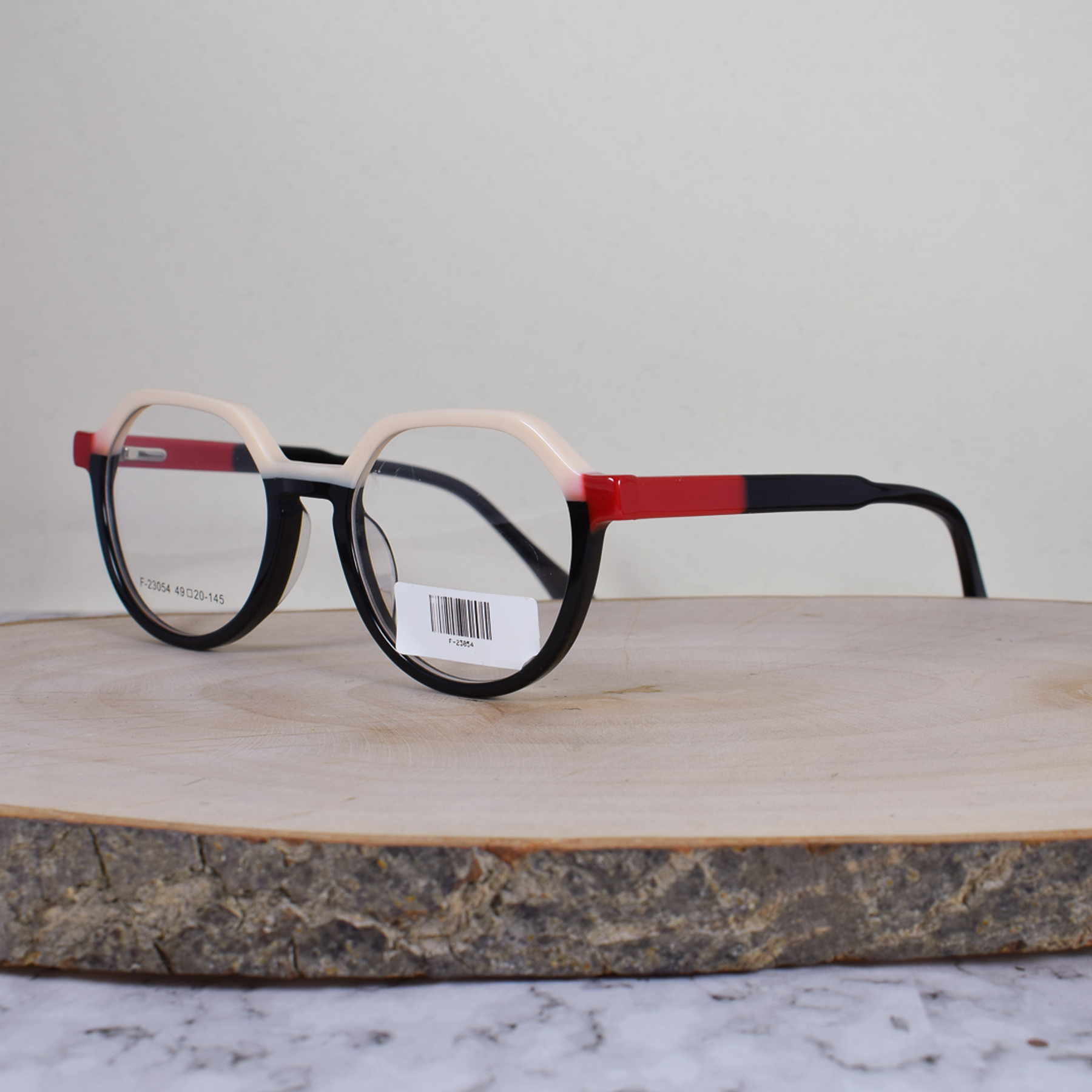 ZEN F23054 C1 Acetato Hexagonal SemiOvalada Beige Negro Rojo Flex Brazo Negro Rojo Terminal Negro