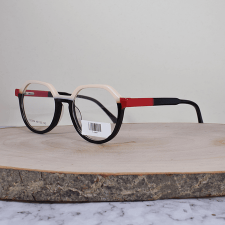 ZEN F23054 C1 Acetato Hexagonal SemiOvalada Beige Negro Rojo Flex Brazo Negro Rojo Terminal Negro