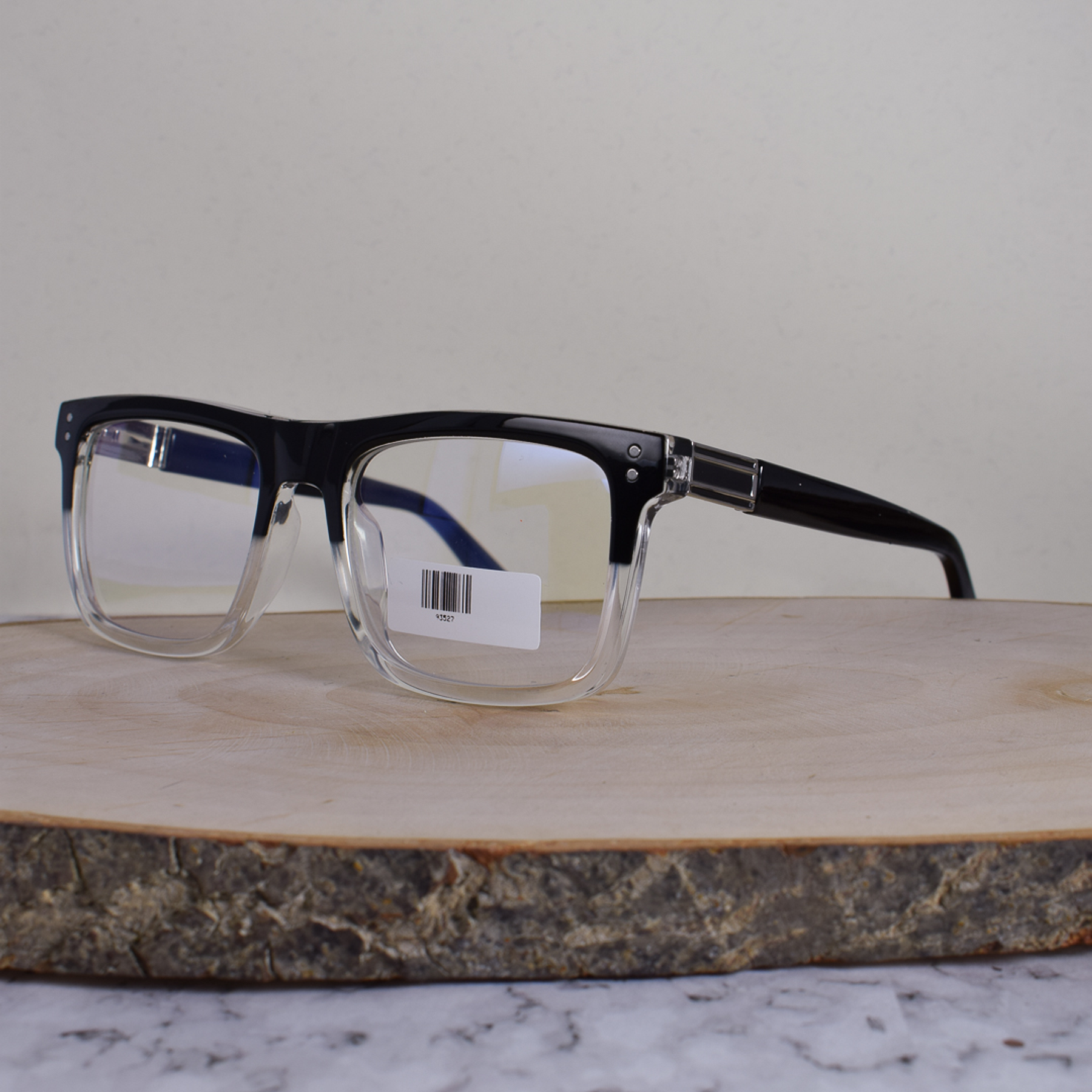 ZEN 93527 C5 Acetato Cuadrada Negro Translúcido Flex Brazo Detallado Metálico Plateado Terminal Negro