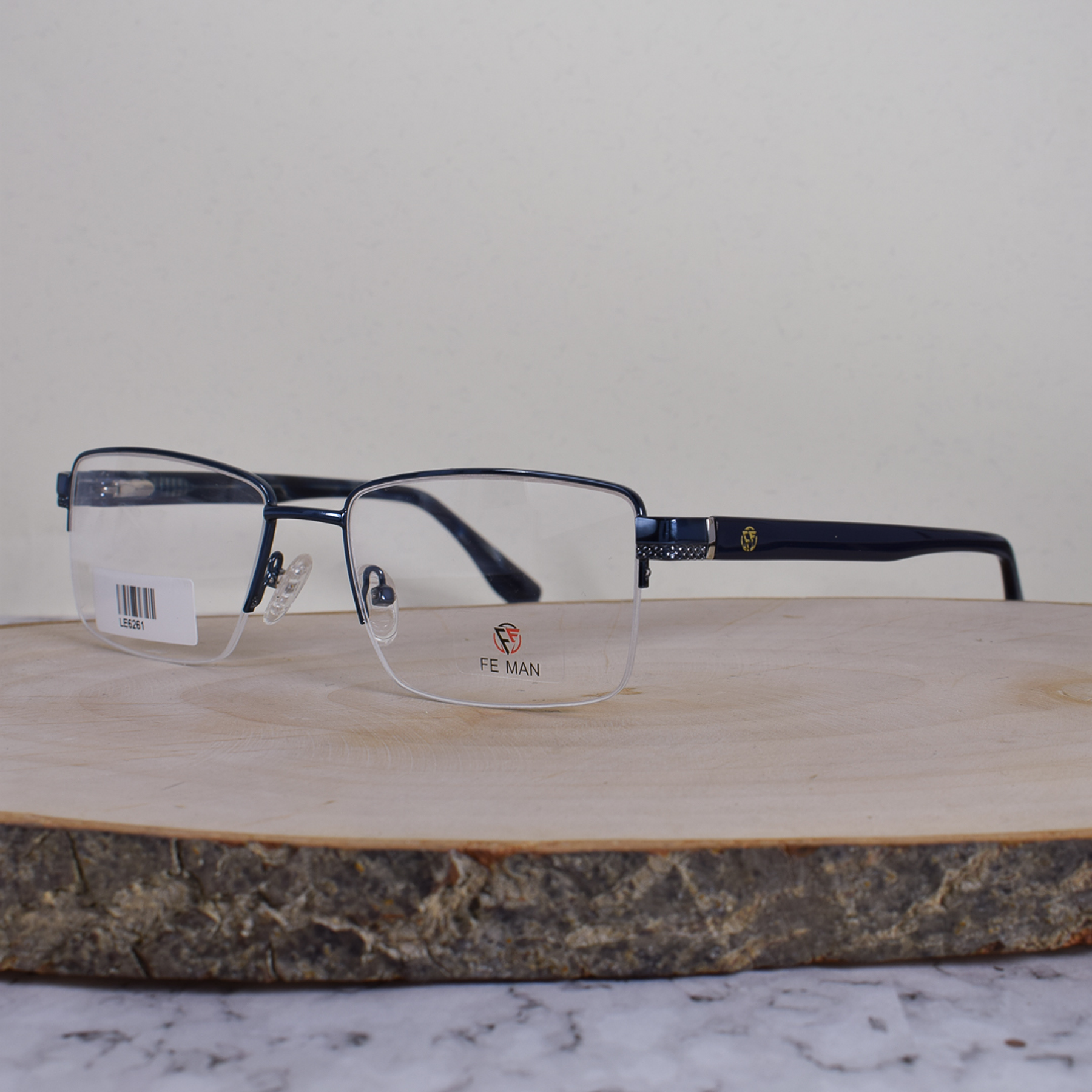 FE Man LE6261 C4 Metálica Cuadrada Al Aire Azul Flex Brazo Acetato Carey Azul Terminal Plateado