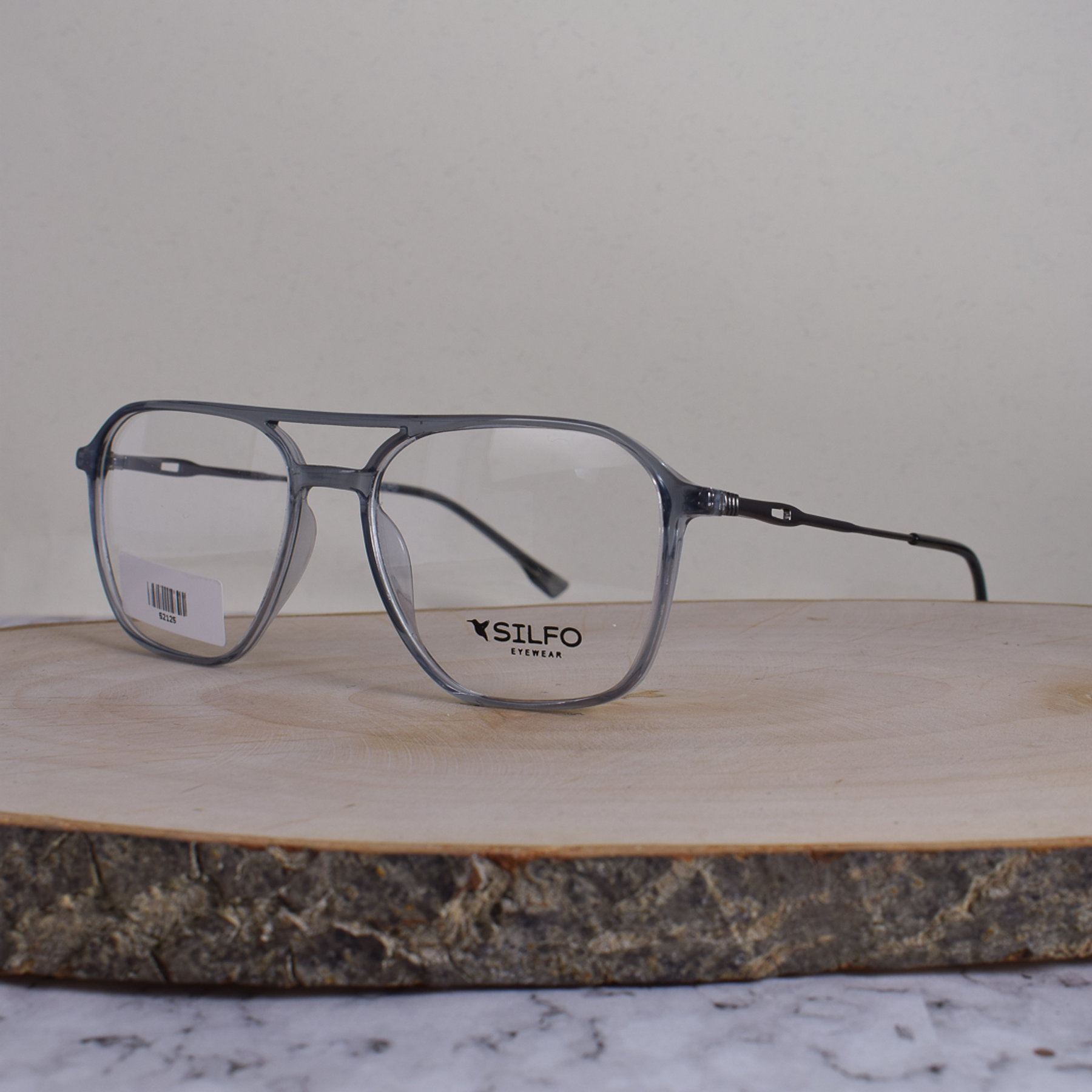 Silfo 52125 C4 Acetato Cuadrada Aviador Doble Puente Gris Translúcido Flex Brazo Metálico Plateado Terminal Acetato Gris Translúcido