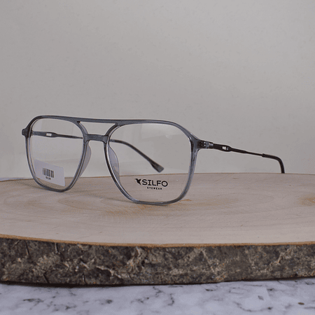 Silfo 52125 C4 Acetato Cuadrada Aviador Doble Puente Gris Translúcido Flex Brazo Metálico Plateado Terminal Acetato Gris Translúcido