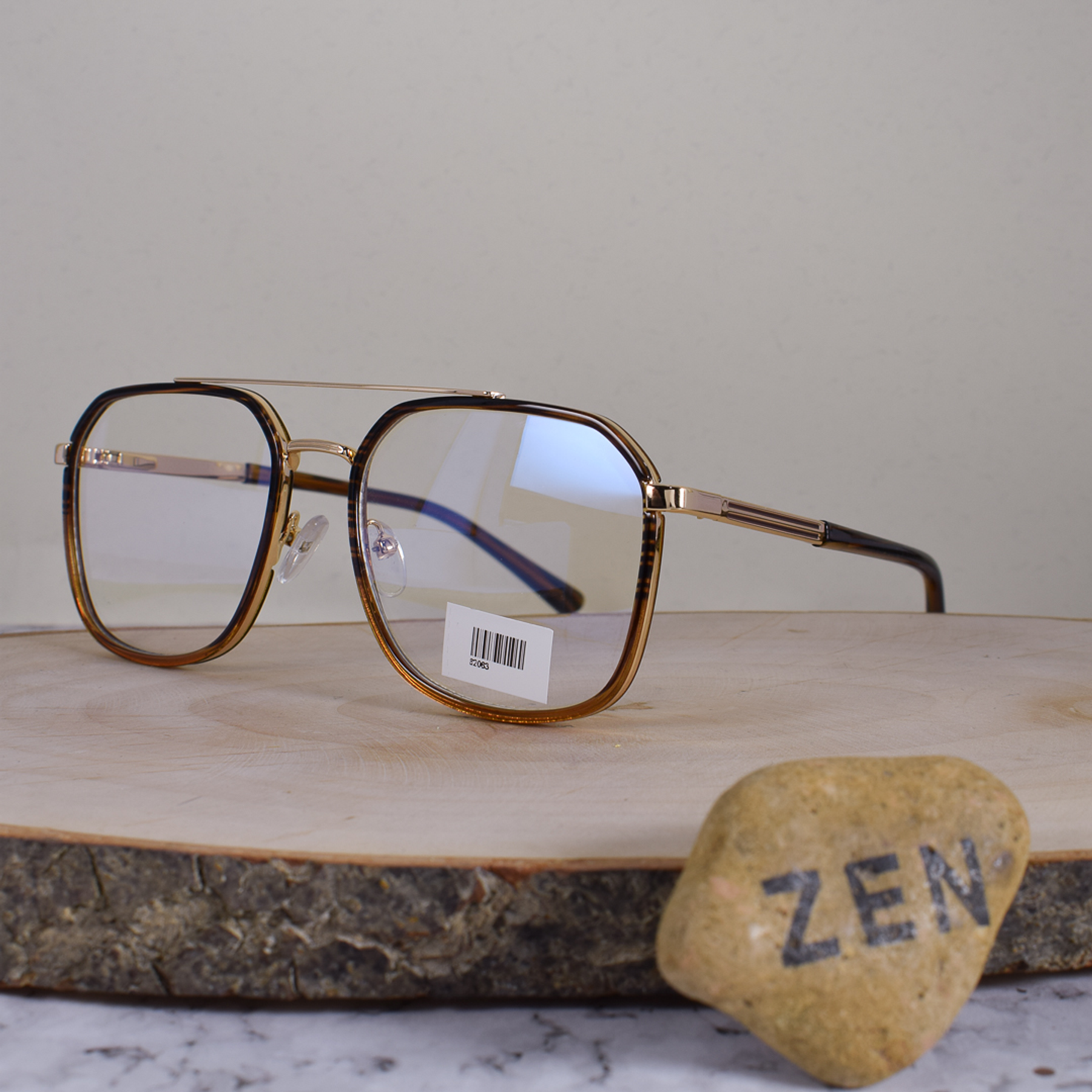 ZEN 82063 C9 Metálica Acetato Cuadrada Aviador Doble Puente Dorada Carey Café Flex Brazo Detallado Terminal Acetato Carey