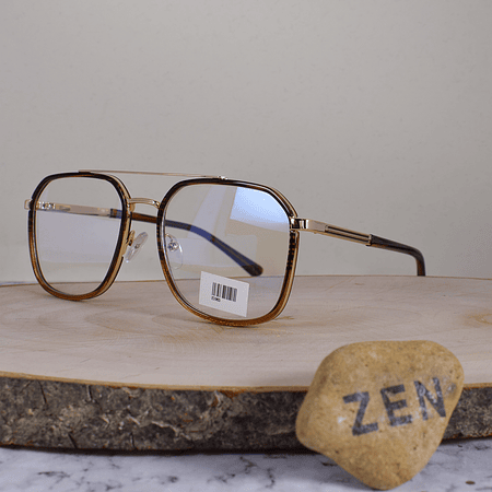 ZEN 82063 C9 Metálica Acetato Cuadrada Aviador Doble Puente Dorada Carey Café Flex Brazo Detallado Terminal Acetato Carey