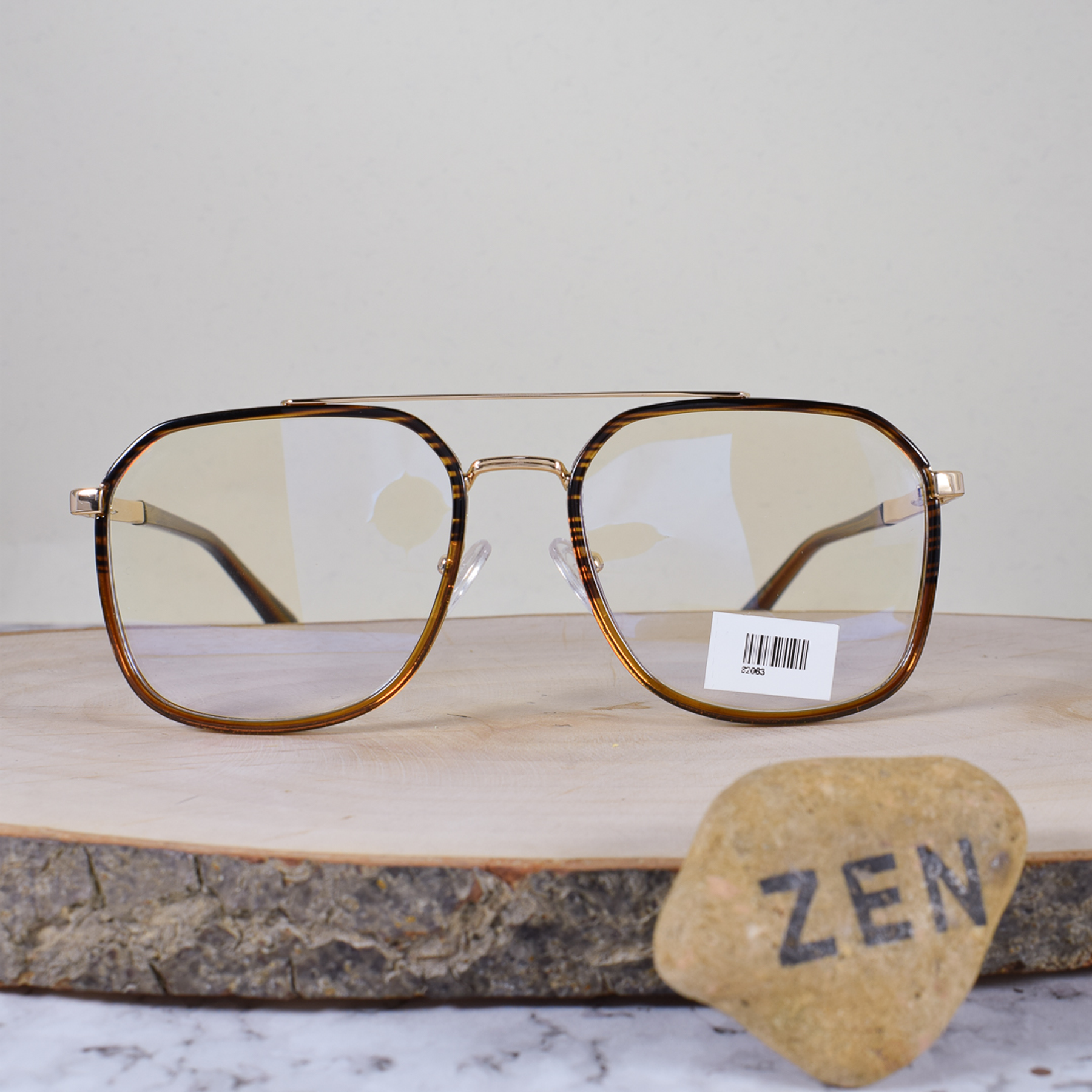 ZEN 82063 C9 Metálica Acetato Cuadrada Aviador Doble Puente Dorada Carey Café Flex Brazo Detallado Terminal Acetato Carey