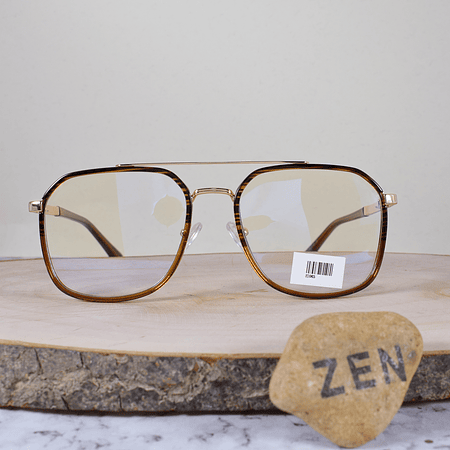 ZEN 82063 C9 Metálica Acetato Cuadrada Aviador Doble Puente Dorada Carey Café Flex Brazo Detallado Terminal Acetato Carey