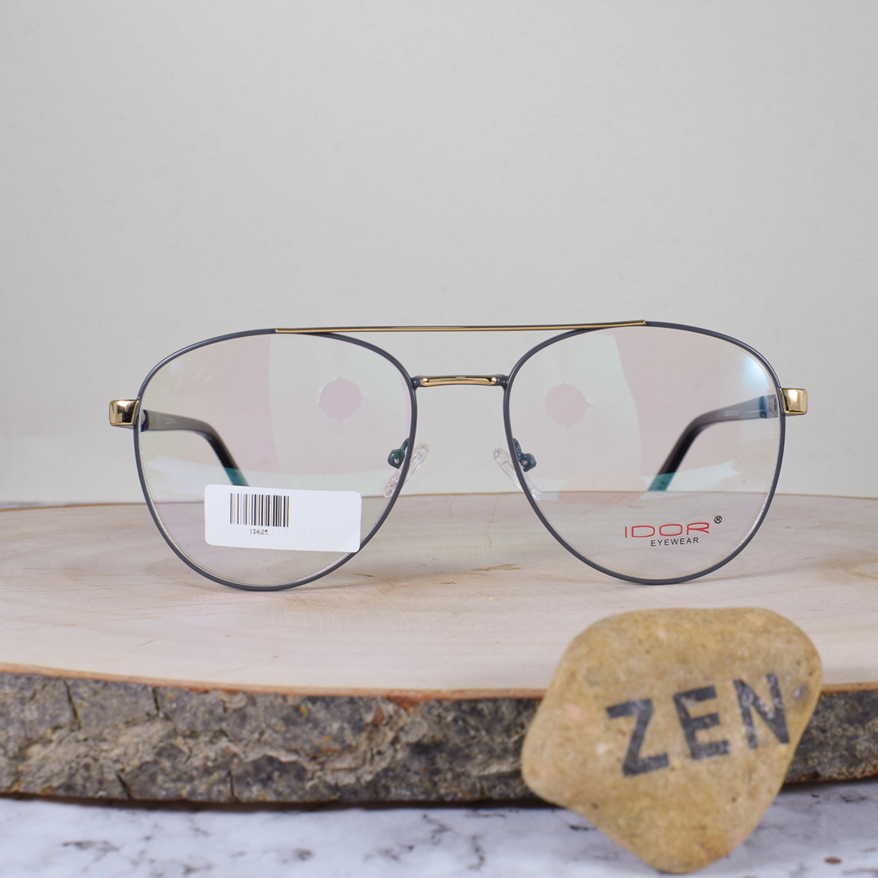 Idor ID625 C3 Metálica Ovalada Aviador Doble Puente Dorada Gris Flex Brazo Metálico Detallado Dorado Terminal Acetato Negro