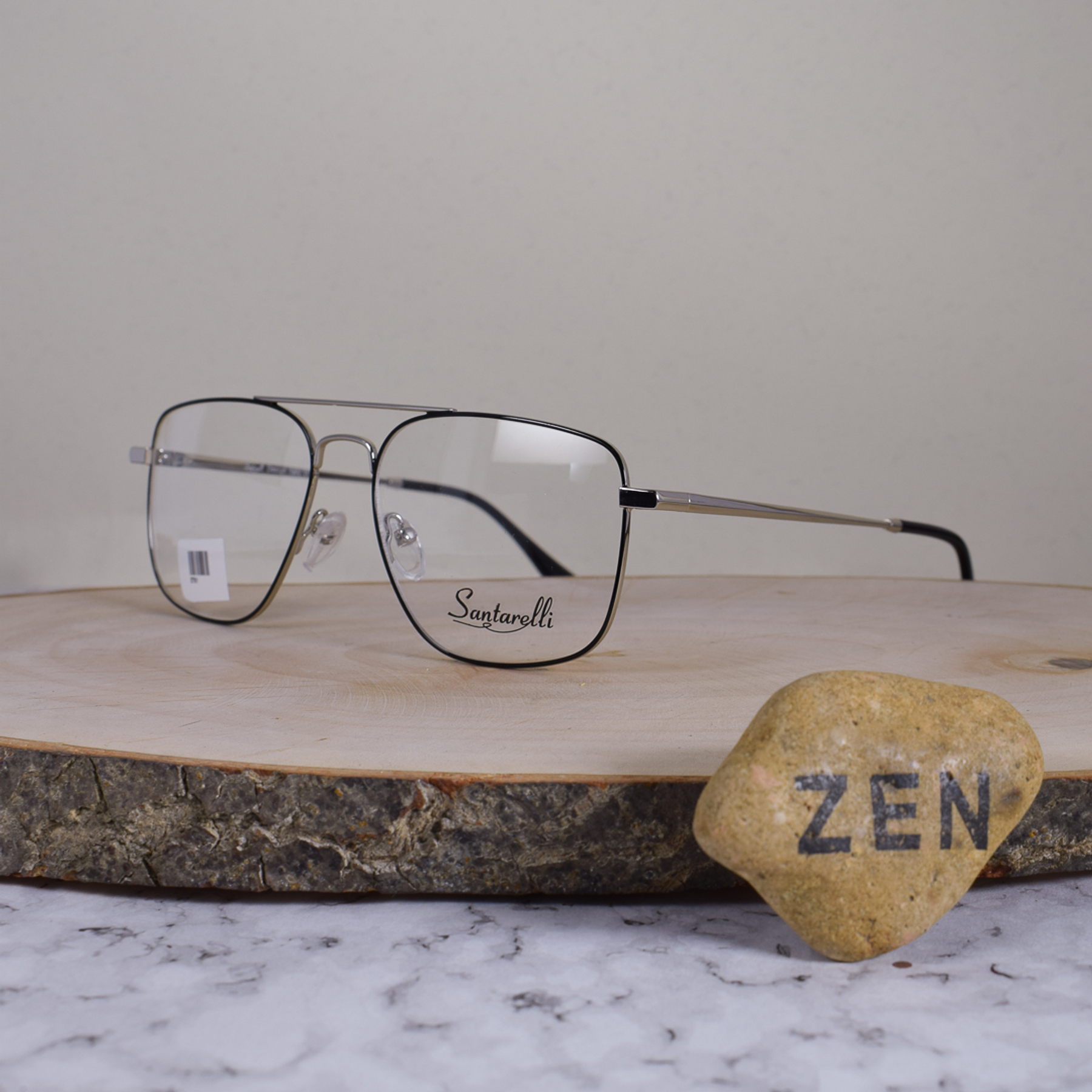 Santarelli 8701 C2 Metálica Cuadrada Aviador Doble Puente Plateado Negro Flex Brazo Metálico Terminal Acetato Negro