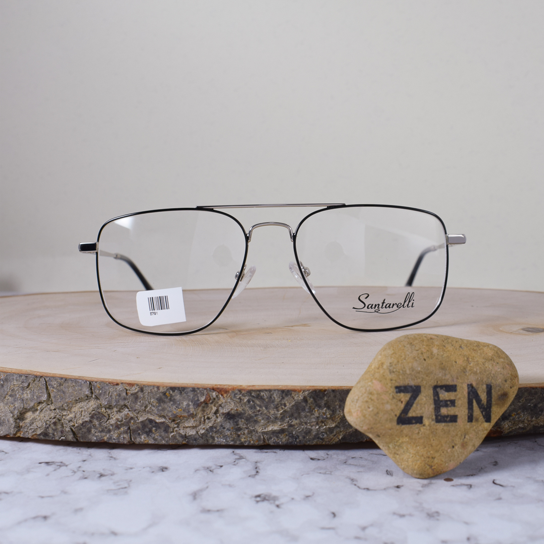 Santarelli 8701 C2 Metálica Cuadrada Aviador Doble Puente Plateado Negro Flex Brazo Metálico Terminal Acetato Negro