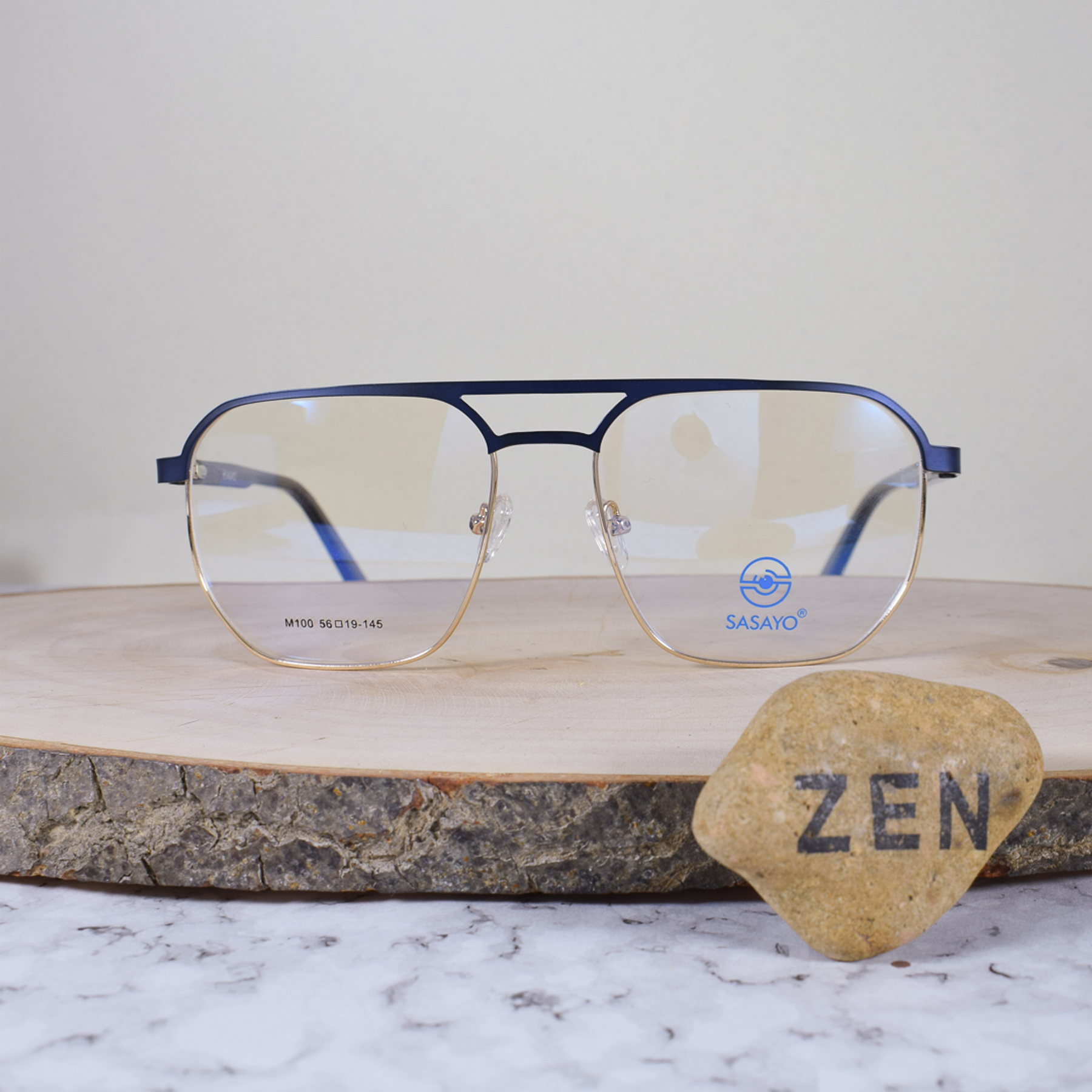 ZEN M100 C2 Metálica Cuadrada Aviador Doble Puente Dorada Azul Flex Brazo Acetato Semi Translúcido Azul