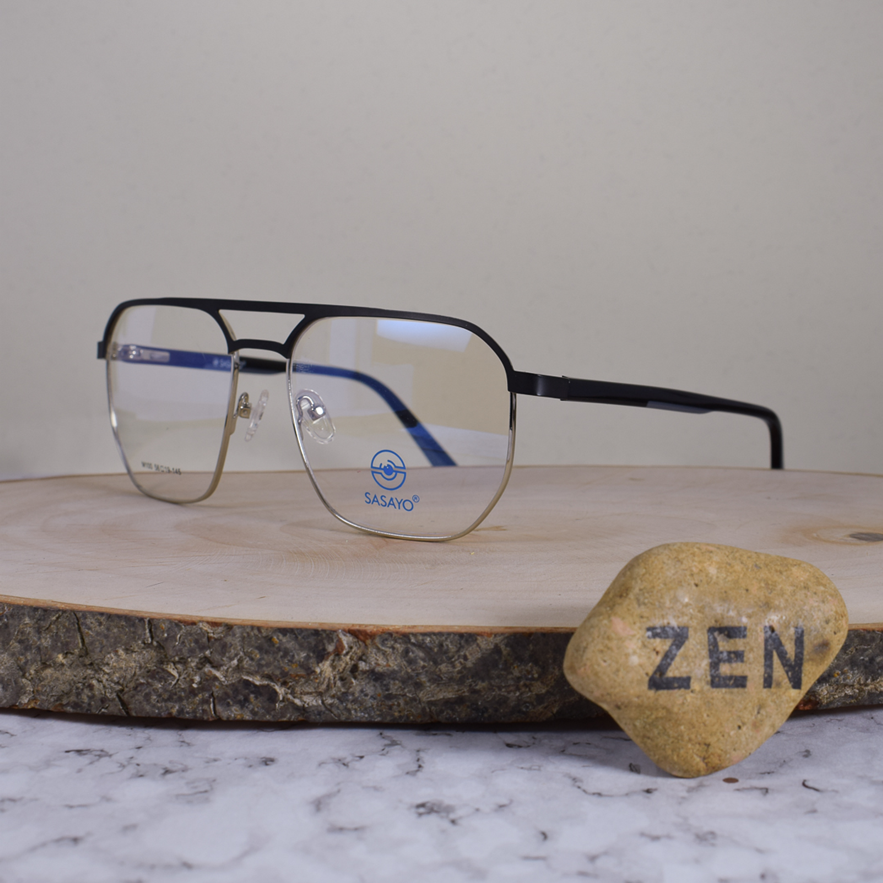 ZEN M100 C5 Metálica Cuadrada Aviador Doble Puente Plateado Negro Flex Brazo Acetato Negro Gris