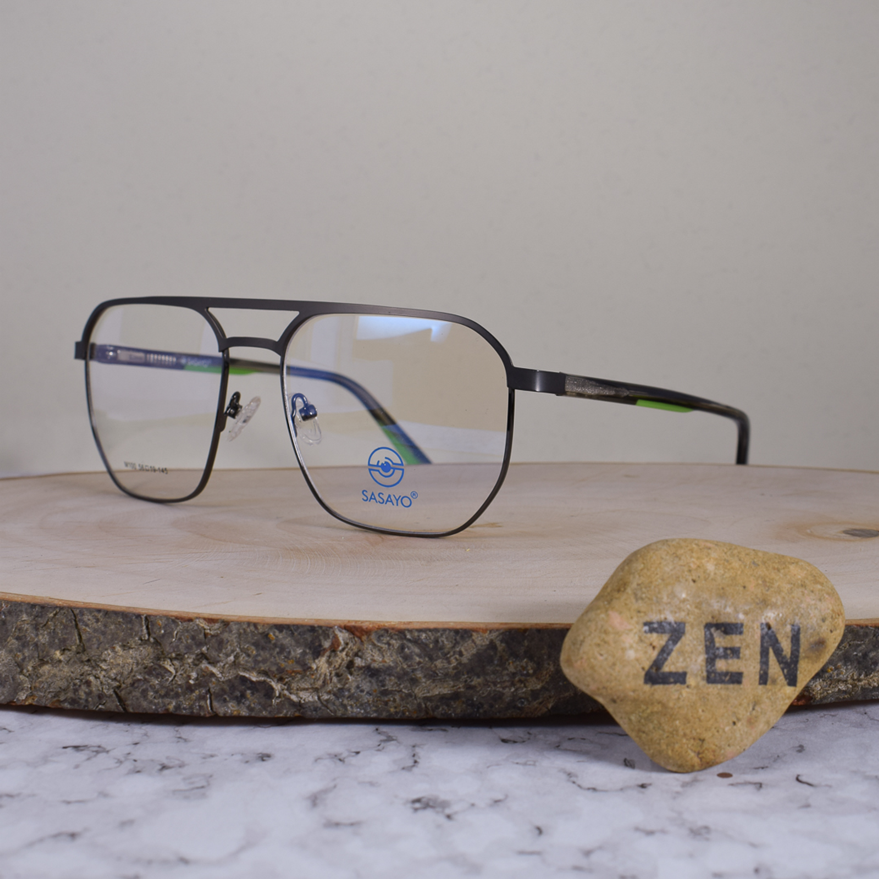ZEN M100 C6 Metálica Cuadrada Aviador Doble Puente Gris Oscuro Flex Brazo Acetato Gris Verde Terminal Verde