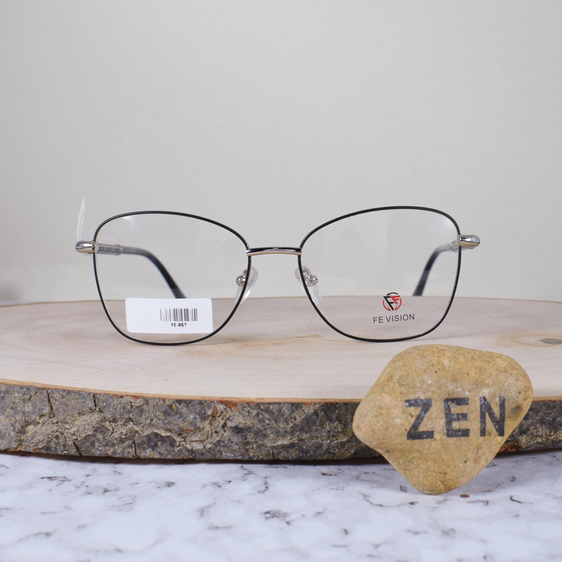 FE Vision FE857 Metálica Ovalada Semi Agatada Plateado Negro Flex Brazo Metálico Detallado Terminal Acetato Negro