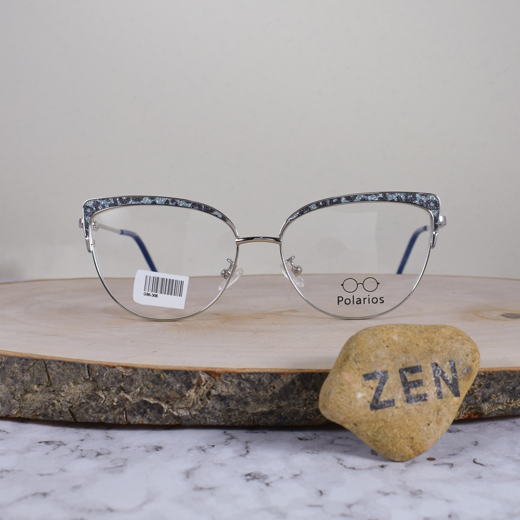 Polarios G95305 Metálica Agatada Semi Ovalada Plateado Patrón Animal Print Escarchado Celeste Negro Flex Brazo Metálico Detallado Celeste Plateado Terminal Acetato Azul